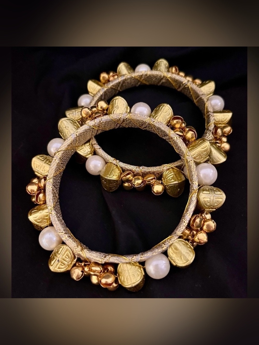 Vintage Gold Tone Ethnic Bangle Bracelets - Statement Faux Pearls & Bells